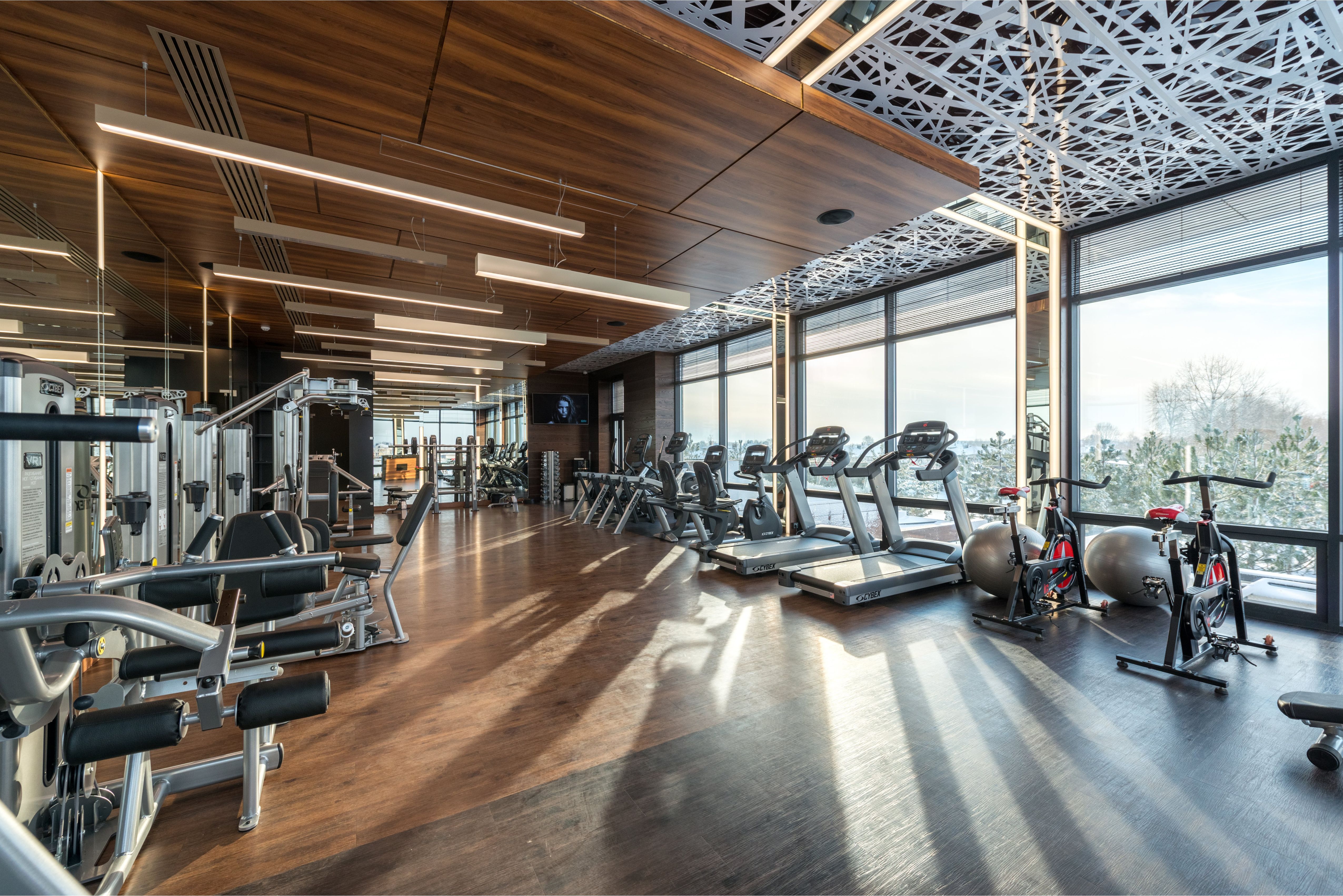 A gym with treadmills against large windows